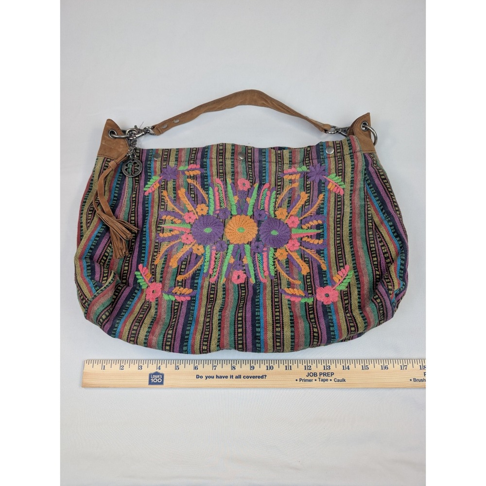 Lucky Brand Boho Striped Embroidered Hobo Bag Multi-Color Woven Suede Trim